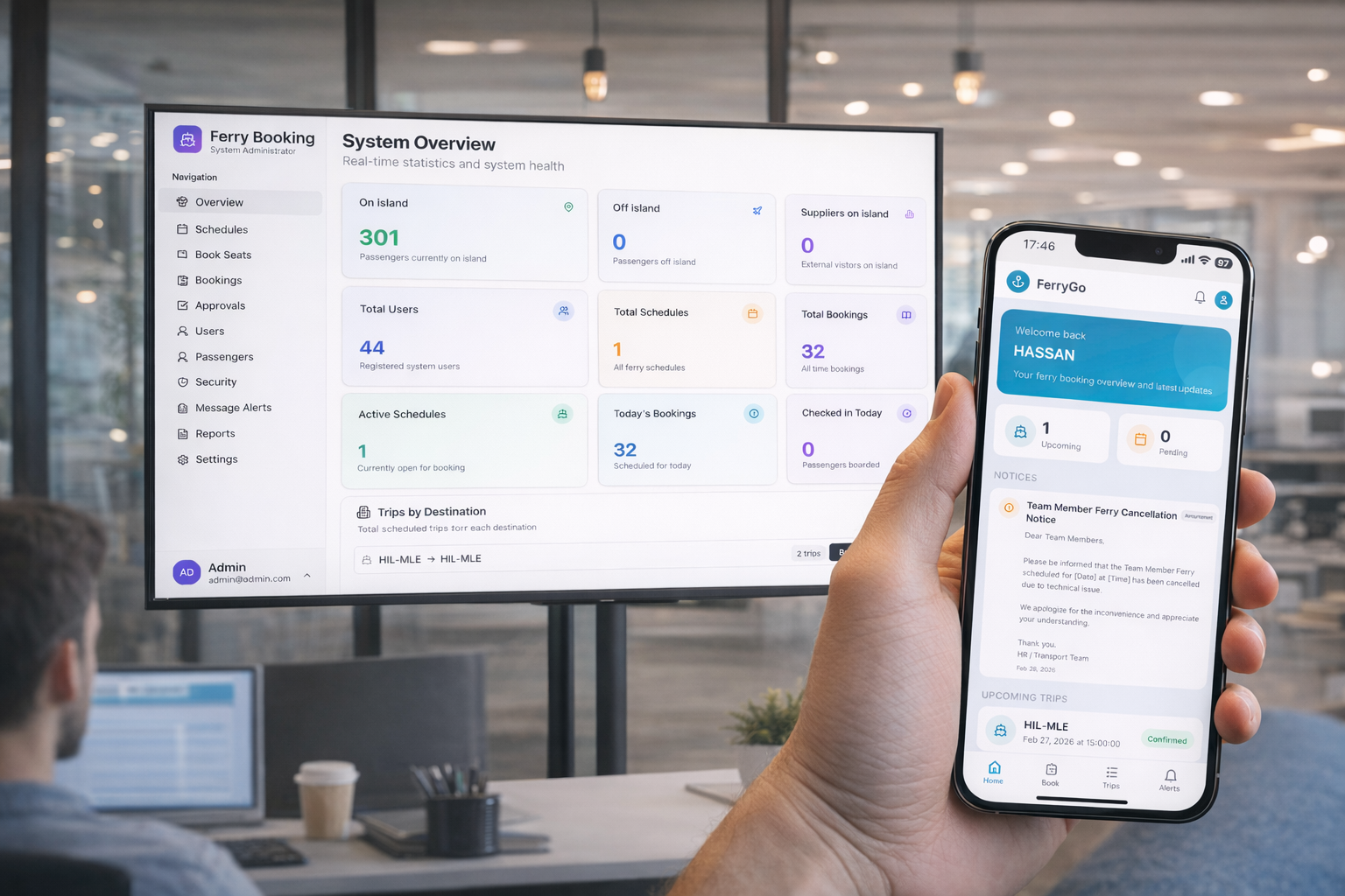 FerryGO shown on desktop and mobile - ferry booking management dashboard with real-time passenger tracking